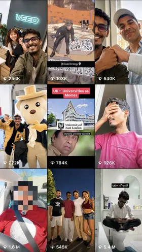 Instagram grid of Vasu's posts with view counts.