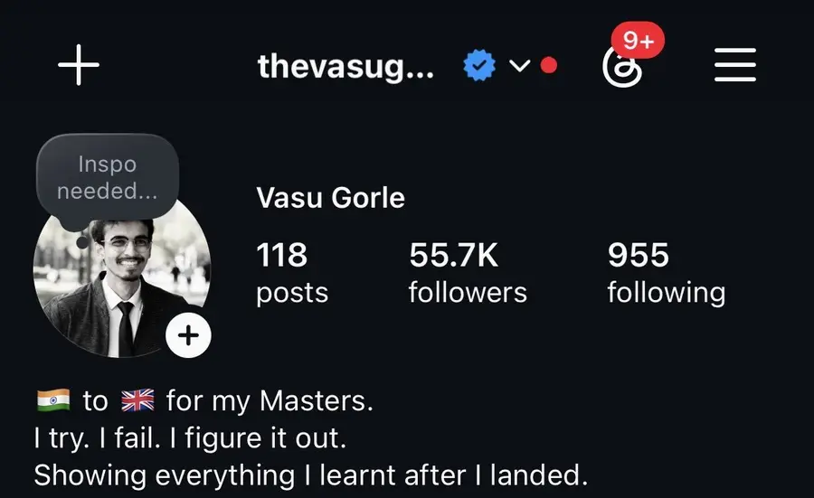 Vasu's Instagram profile. The bio reads: to the UK for my Masters. I try. I fail. I figure it out. Showing everything I learnt after I landed.
