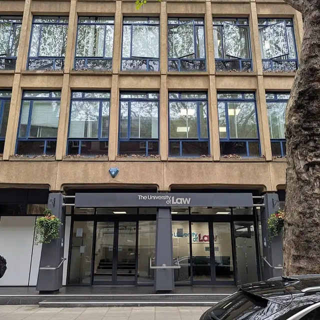 The entrance to The University of Law's London Bloomsbury campus at 14 Store Street, with the university's name above the doors