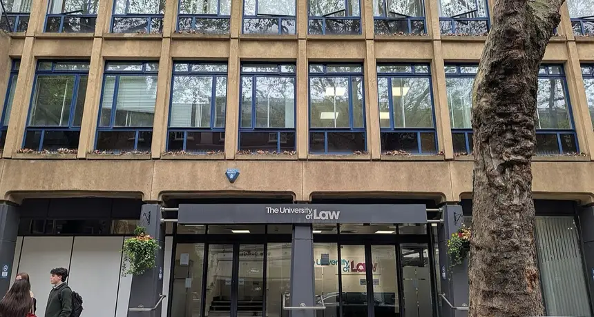 The entrance to The University of Law's London Bloomsbury campus at 14 Store Street, with the university's name above the doors